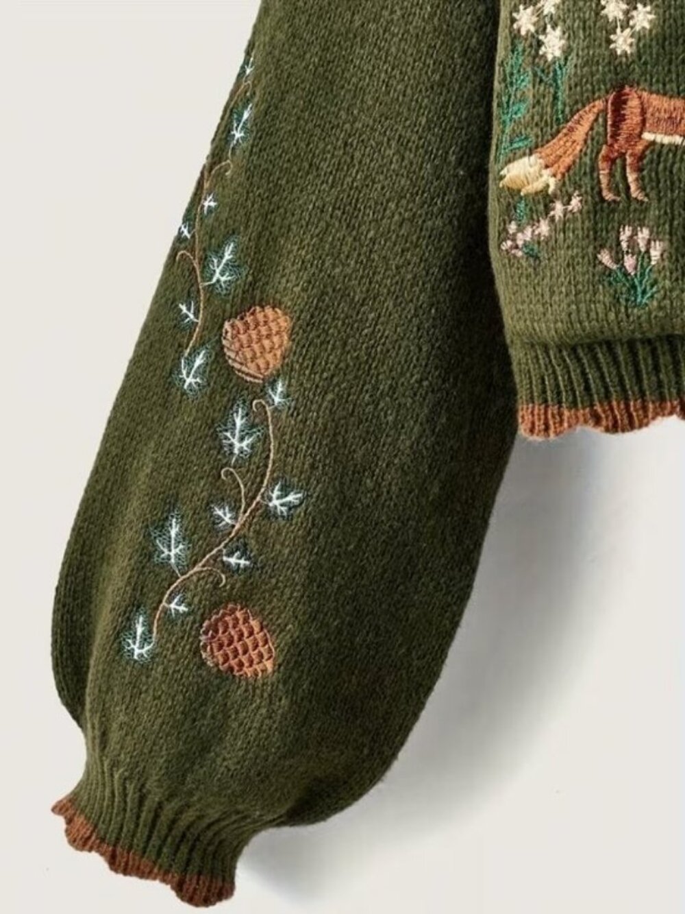 Button Up Fox Nature Army Green Cardigan With Pockets - Picture 3 of 7